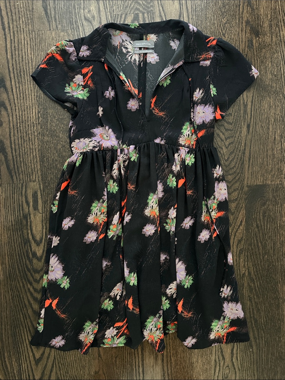 Urban Outfitters Black Floral V-Neck Short Sleeve Dress